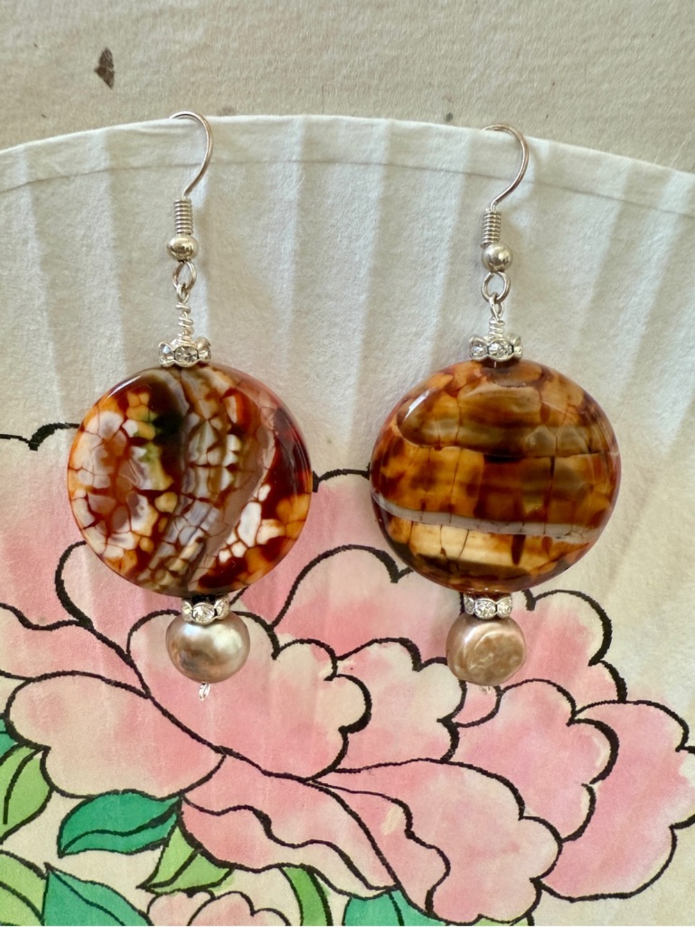 Handmade Brown Marbled Disc Drop Earrings - Women Jewelry